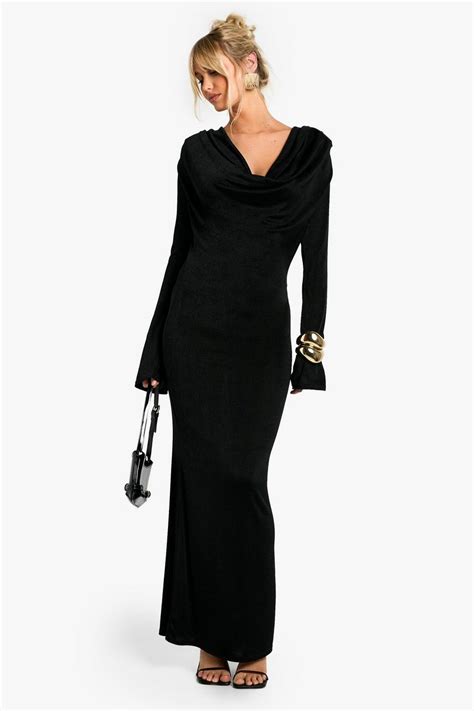 Shoulder Pad Plunge Long Sleeve Maxi Dress | boohoo