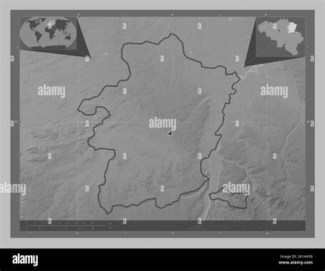 Limburg, province of Belgium. Grayscale elevation map with lakes and rivers. Corner auxiliary ... - elevation map of belgium