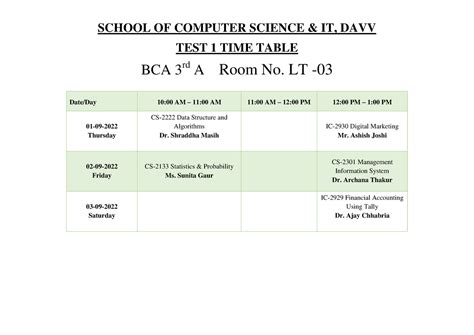Sem 5 Test 1 Time Table - DAVV - TEST 1 TIME TABLE BCA 3 rd A Room No ...