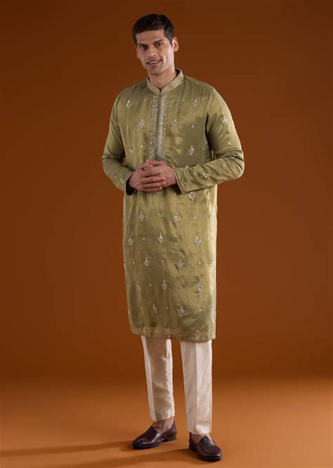 Buy Green Tissue Mens Kurta Set With Thread Sequins And Zardosi Work ...