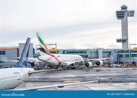 Emirates Airlines A380 Aircraft at the Gate at the Terminal 4 at John F ...