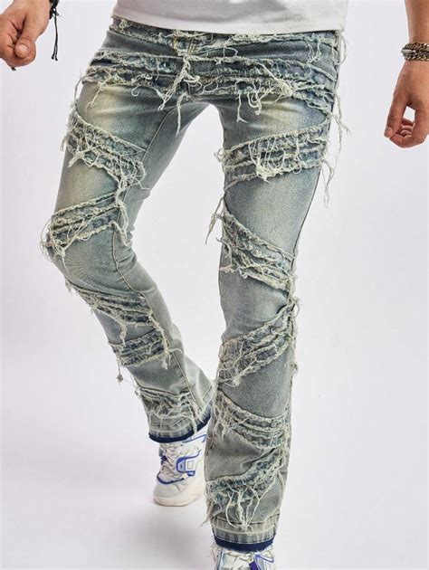 Manfinity EMRG Men Ripped Frayed Raw Hem Jean Straight Leg Long ...