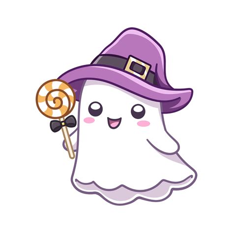 Cute ghost wearing witch hat costume holding candy vector illustration ...