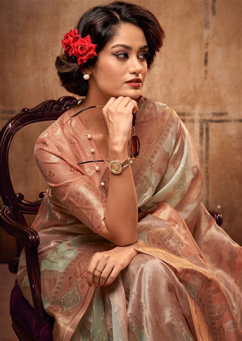 Pink and Blue Designer Banarasi Organza Saree USA | Handloom Sarees ...
