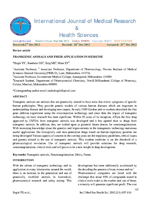 Transgenic Animals and Their Medical Applications: Insights and ...