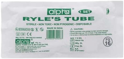 Ryle's Tube, Sterile, Non Toxic, Non Pyrogenic, Disposable, Size 16 FG ...