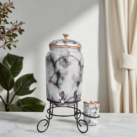 Copper White & Black Marble Printed Design Water Pot With Stand & Glas ...