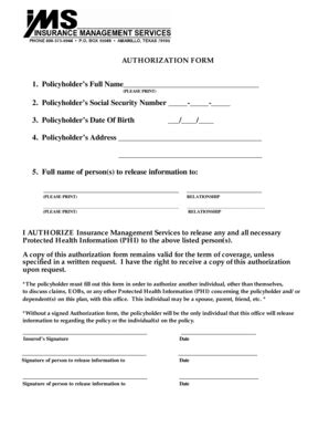 Fillable Online AUTHORIZATION FORM - Insurance Management Services Fax ...