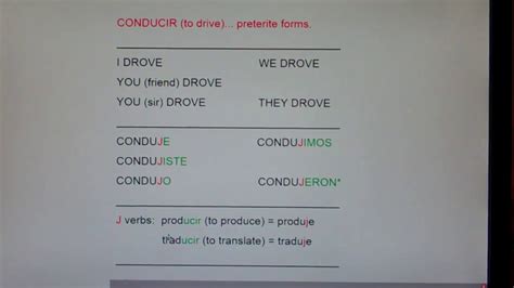 CONDUCIR (to Drive) preterite forms: conduje, condujiste, condujo ...