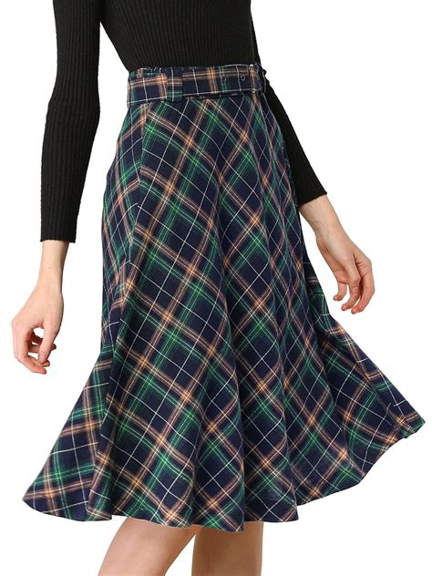 Allegra K Womens Tartan Skirt Belted High Waist A-Line Midi Plaid Check ...