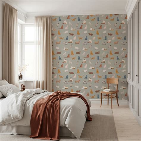 Fancy Felines Safari Green Wallpaper with Playful Cat Pattern
