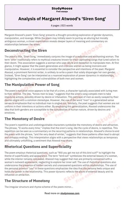 Analysis of Margaret Atwood's 'Siren Song' Free Essay Example