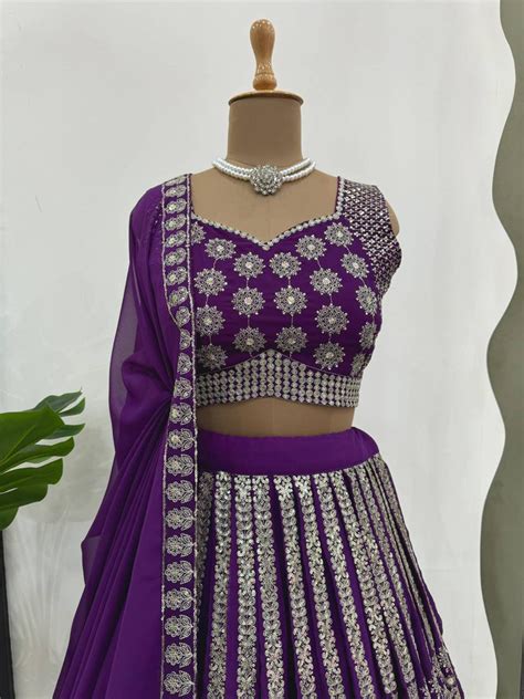 Purple Glamorous Sequin Embellished Faux Georgette Lehenga C