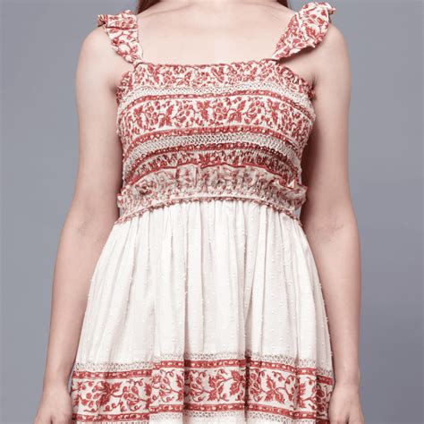 Daisyella Fit And Flare- Off White And Maroon Cotton Dobby Dress ...