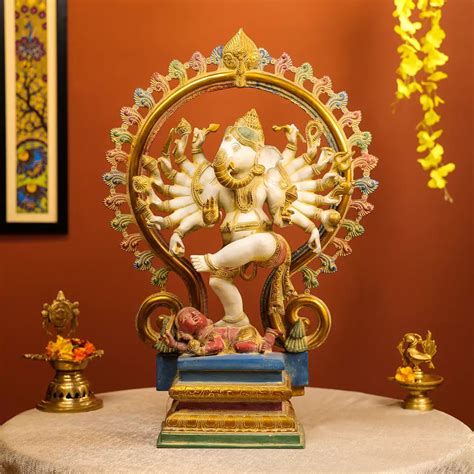 Buy Coloured Brass Lord Ganesh Nataraja Idol – 19" – Ethnic India ...