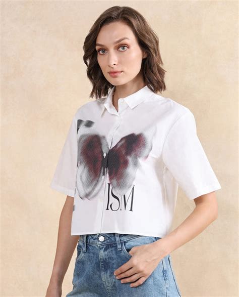 Rareism Women's Cetiop White Cotton Drop Collar Graphic Print Boxy Fit