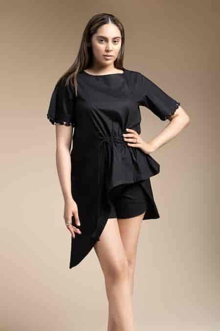 Buy Black Cotton Round Neck Asymmetric Wrap Top And Skort Set For Women ...