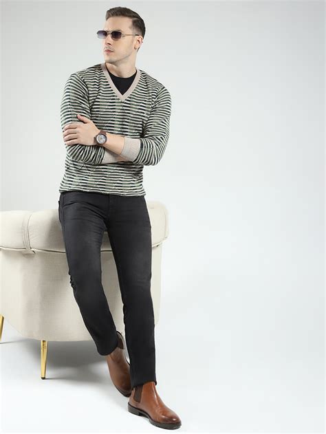 Buy Luxuria Men Green Stripe V Neck Full Sleeve Pullover Online in ...