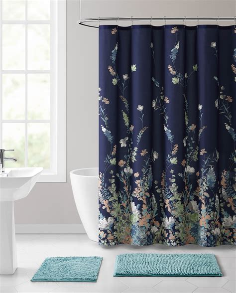 Serafina Home Misha Navy Blue Floral Bathroom Shower Curtain: Elegant ...