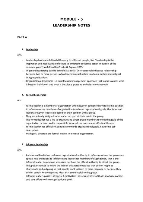 Leadership question answers - Psychology - MG University - Studocu