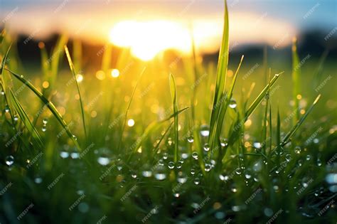 Premium Photo | Dew on grass shining with sun rays