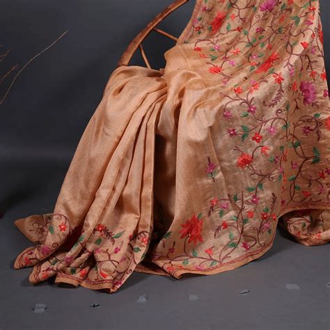 Tan Floral Design Aari Embroidered Silk Saree – Kashmir origin