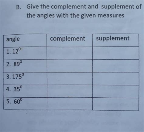 Give the complement and supplement of eavh given angle1. 12°2. 89°3 ...