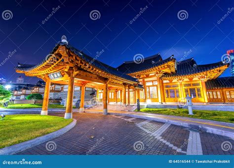 Traditional Korean Style Architecture at Night in Korea Stock Photo ...