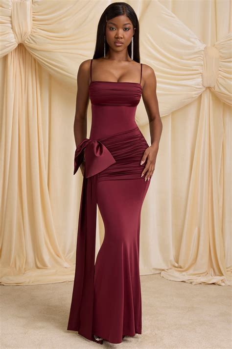 Bow-Detail Ruched Maxi Dress in Wine Red | Ruched maxi dress, Wine red ...