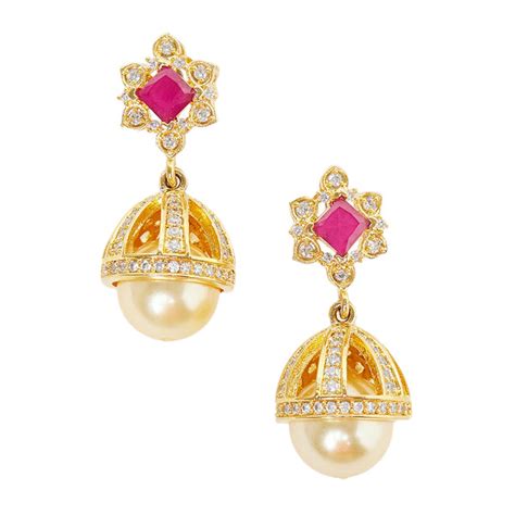 CZ Traditional Gold Plated Red & White Jhumka Earrings – VOYLLA