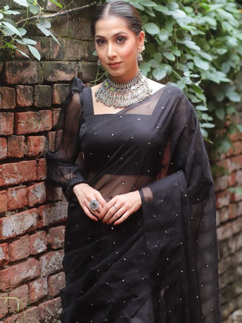 Banarasee Hand-Embroidered Mirror Work Organza Saree With Blouse-Black