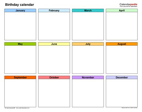 Birthday Calendars - Free Printable PDF templates
