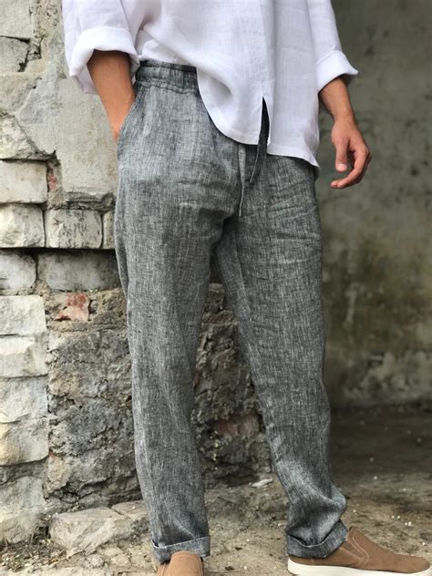 Mens Linen Pants, Linen Trousers, Drawstring Elastic Waist Pants ...