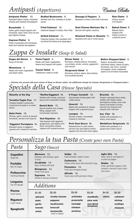 Cucina Bella Menu - Algonquin, Illinois | Sirved