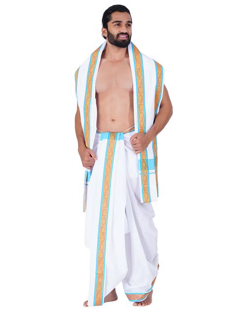 Men White Panchakacham with Angavasthram Light Blue Fancy Border ...