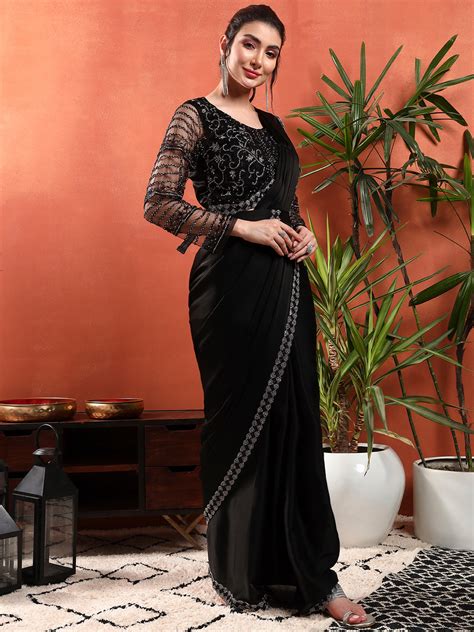 Pre-Stitched Draped Saree with Sequin Cut-Dana Embroidery Blouse & Emb ...