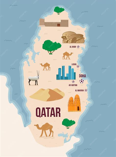 Premium Vector | Illustrated map of qatar with footballs and city names and landmarks
