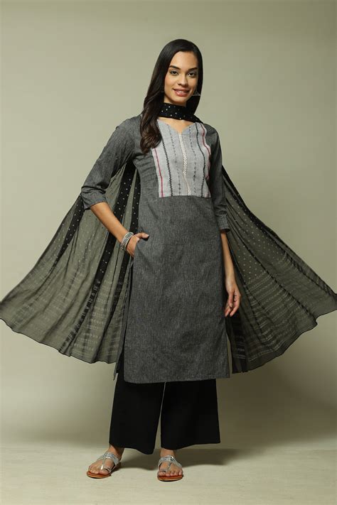 Dark Grey Cotton Woven Unstitched Suit Set at Biba India