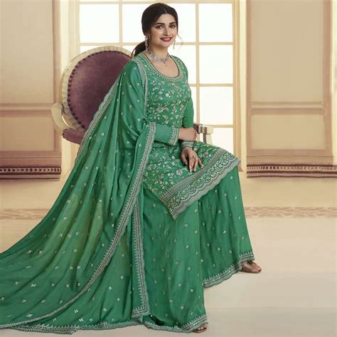 Green Floral Embroidered Chinon Semi Stitched Sharara Suit