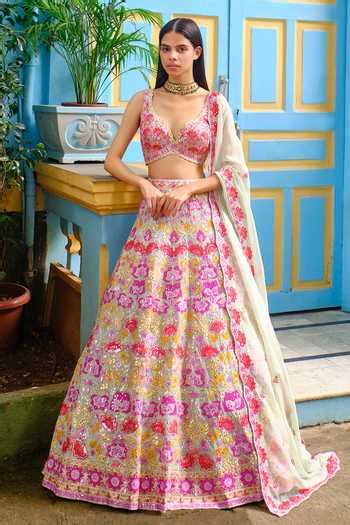 Buy Green Organza Floral Leaf Neck Embroidered Bridal Lehenga Set For ...