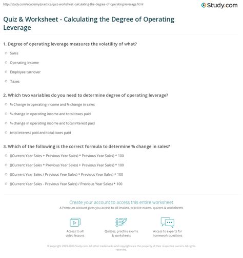 Quiz & Worksheet - Calculating the Degree of Operating Leverage | Study.com