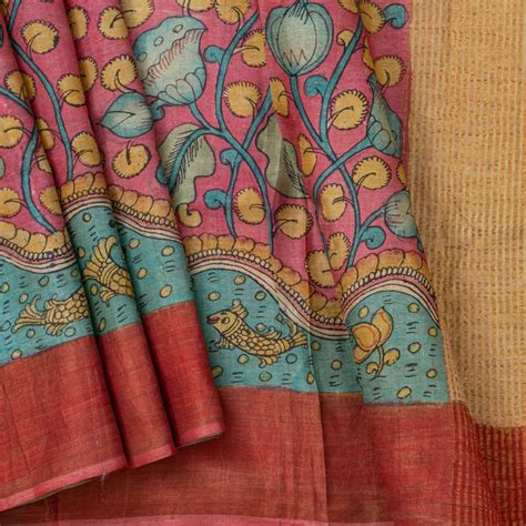Green Handpainted Kalamkari Tussar Silk Saree With Zari Border PTK VSR ...