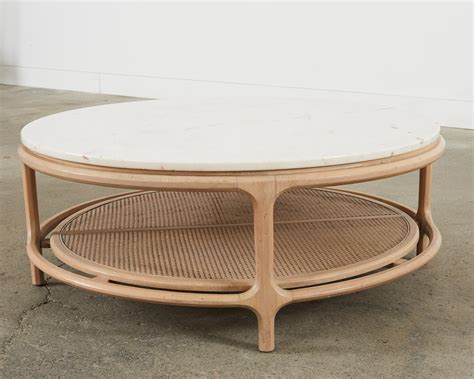 Midcentury McGuire Style Round Marble Top Caned Cocktail Table For Sale ...