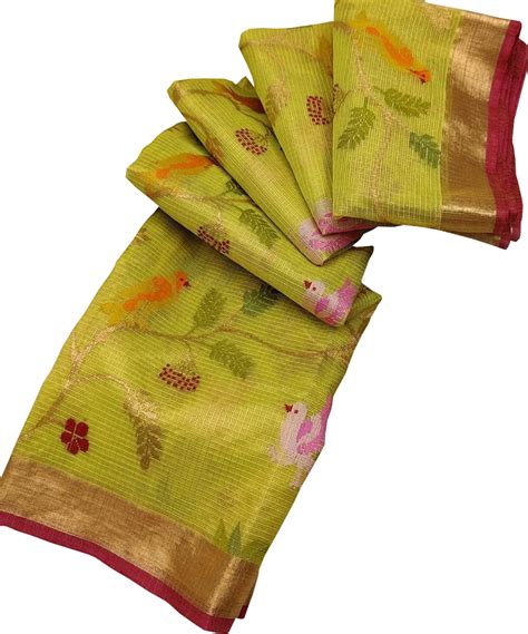 Handloom Real Zari Tissue Saree: Green & Yellow with Flower Design