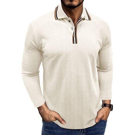 Zimjoy White Golf Shirts for Men Casual Long Sleeve Texture Knitted ...