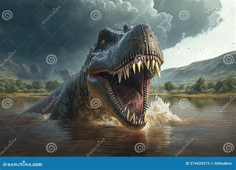 Tyrannosaurus Rex Swimming in River, with Its Large Jaws Open Stock ...