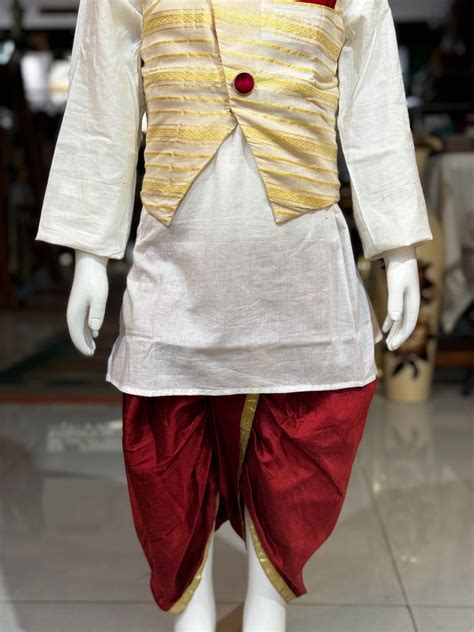 Offwhite kurta, maroon dhoti pants and jacket - 3 piece ethnic set for ...