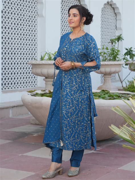 Buy Chanderi Gold foil A-line Blue Kurta, Trousers & Dupatta TP4960T ...