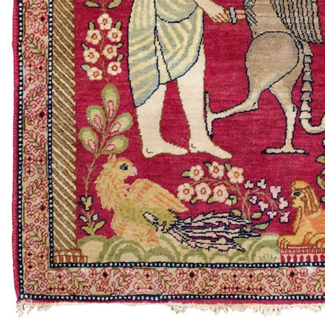 Antique Kerman Pictorial Rug - Mythological Tapestry Lion and King Darius For Sale at 1stDibs