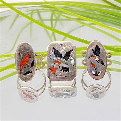 Lot #T-32 -3 Navajo Sterling Silver Cardinal & Humming Bird Rings by ...
